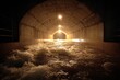 © Oleg - Water flows through a dark tunnel with lights illuminating the path ahead during night time