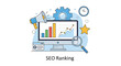 © Abul - A computer screen displays a colorful bar graph and line chart surrounded by SEO ranking indicators and tools.