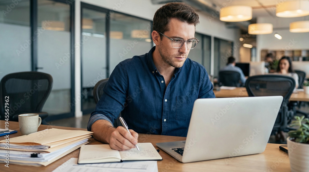 Businessman working on laptop and taking notes in modern office ...