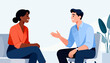 © beerman - Two people sit facing each other in calm conversation. Their smiles show warmth and mutual understanding. One gestures while speaking, indicating active engagement