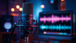 © Anthichada - Studio condenser microphone with shock mount in a neon-lit setup, colorful audio waveforms on screen, perfect for podcasting, voice recording, and music production