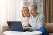 © Anastasiya - Senior couple using laptop together while sitting on sofa at home. Mature man typing on computer while woman smiles beside him representing digital lifestyle, communication and technology use
