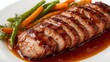 © VolumeThings - Detailed view of sliced roast pork with veggies and sauce on a white dish