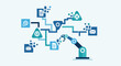 © SC-7 - A blue robotic arm is depicted processing digital information, connected to a network of document, email, gear, and security icons on a light blue background.