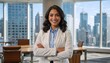 © Vasiliy - Confident businesswoman standing with arms crossed in modern office. Professional female leader in white blazer with city skyline background. Corporate success and leadership concept