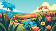 © Vector - Vibrant vector illustration of a beautiful blooming meadow filled with diverse flowers under a clear sky and rolling hills, perfect for nature-themed designs