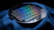 © Juri_Tichonow - Circular silicon wafer with multiple integrated circuits resting on blue fabric showcases iridescent colors of modern computer hardware