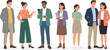 © MDABULKALAM - Diverse group of young professionals and couples standing together using digital devices and gesturing in casual business attire isolated flat vector illustration.