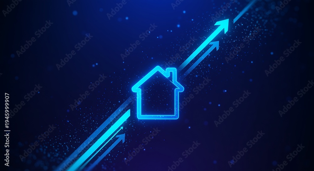 Neon house icon with glowing blue arrows pointing upwards on dark blue ...