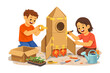 © YULIIA - Children building cardboard rocket: creative play and teamwork in diy project.