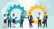 © FASIIN - Flat vector illustration of a business joint venture, two groups of professionals merging into one team, glowing gear wheels interlocking in the background, modern corporate teal and gold vector art.
