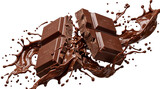 Delicious milk chocolate bar breaking into pieces with dynamic splashes and drops, isolated PNG on transparent background, a sweet dessert treat