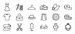 © Vladislav - Collection of minimalist outline icons for fashion and tailoring, featuring a dress, sewing machine, scissors, handbag, shoes, watch, and other clothing accessories