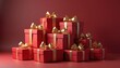 © Raisa - Stack of red gift boxes with gold ribbons. Festive presents for holidays like Christmas and birthdays. Celebration surprise packages for special occasions. Joyful unopened gifts ready for giving.