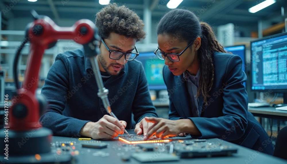 Computer Lab Engineers Man and woman engineers examine computer processor circuit board with ...