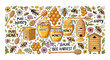 © WM - Illustration of various honey products and beekeeping related items with bees and flowers on a white background with a cheerful mood.