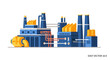 © magnetglobal - Modern industrial factory complex with multiple buildings, smokestacks, and interconnected piping systems, rendered in a flat vector illustration style.