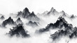 © jie - Traditional Chinese ink wash painting featuring majestic misty mountain ranges with detailed pine trees in ethereal fog and swirling clouds for a serene oriental art background