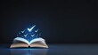 © Arslan - A brightly glowing open book on a dark reflective surface emitting blue digital checkmarks and information streams symbolizing kno