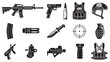 © Riki - Collection of military and tactical equipment icons, including firearms, ammunition, body armor, and accessories, presented in a clean, vector graphic style.
