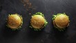 © abdul - Three appetizing burgers with fresh lettuce on a dark textured background ideal for restaurant menus and food blogging