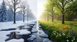 © Carlos - Dynamic split image showcasing the profound contrast and transformation from the frosty tranquility of a snowy winter landscape to the blossoming vitality of a sunny spring day