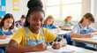 © twilight mist - Young female student with braided hair smiles brightly while working at her desk during class instruction