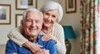 © twilight mist - Happy elderly couple with bright smiles embrace each other indoors with warmth and affection