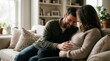© AspctStyle - Happy pregnant woman and partner touching belly on sofa in bright living room for family life and maternity concept
