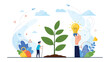 © Zoya - Business nurturing and innovation growth concept with small figure tending to a plant while a hand holds a glowing light bulb idea over it.