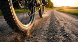 Rear wheel in motion on a dusty dirt road, bicycle captured from side view, dust clouds, adventure photography at sunrise