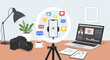© Mani - Creative workspace with smartphone on tripod camera laptop and social media icons for content creation and online engagement