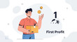 © eva - Man juggling coins and holding package, symbolizing first profit and delivery success