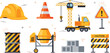 © MstGulzan - Construction site equipment and safety elements set with crane helmet cement mixer traffic cone caution barrier flat vector illustration