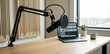 © Hossam - This sleek home studio setup features a high-quality condenser microphone on a boom arm, a laptop with audio editing software, wooden acoustic panels, and a clean workspace