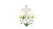 © lasiyanto - Elegant flat 2D vector illustration featuring a Christian cross with radiant light and white lilies, symbolizing faith, resurrection, and peace, ideal for spiritual design projects