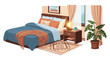 © Rizky - A calming bedroom interior displaying a comfortable bed with soft fabrics, a warm glowing lamp on a wood nightstand, and a lush green plant near the