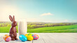 © Ruslan - A chocolate bunny figurine stands next to a glass of fresh milk and bright Easter eggs against a backdrop of green fields and a sunny blue sky