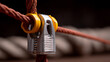 © photo for everything - Close-up of a galvanized metal rope clamp with yellow plastic guides securely fasten a thick brown braided rope, showcasing strength and connection