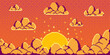 © klyaksun - Pixel art orange sky with yellow fluffy clouds and sun. Retro 8-bit game illustration, vector cartoon background. Bright sunset atmosphere for arcade video adventures, mosaic texture