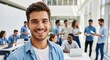 © theo - young adult man smiling in office with coworkers