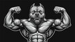 © Barnaby - Strong pitbull mascot with huge muscles and sharp teeth flexes its bicep against a black background in a detailed monochrome style.