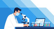 © kulpie - Scientist in lab coat and mask using microscope with laptop and test tubes
