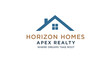 © UDIN - Blue House Icon with Horizon Homes Apex Realty Text Logo on Isolated White Background, Real Estate Branding