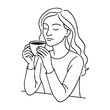 © teracreonte - Dibujo sencillo con líneas de una mujer con ropa informal sujetando una taza de café con ambas manos, sentada apoyada en una mesa