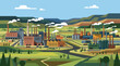 © Bogdan - Flat illustration of a sprawling industrial complex with factories, smokestacks emitting smoke, and trucks on roads against a backdrop of rolling hills and a blue sky.