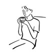 © teracreonte - Dibujo sencillo con líneas de una mujer con ropa informal sentada sujetando una taza de café con ambas manos