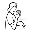 © teracreonte - Dibujo sencillo con líneas de una mujer sentada con ropa informal sujetando un vaso de papel con café con la mano