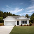 © Andrii Zastrozhnov - Suburban white singlestory house with attached garage black shutters and manicured lawn under blue sky in a peaceful residential neighborhood