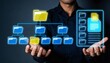 © Lens Orbits - Man holding a digital folder structure with icons representing data organization and file management